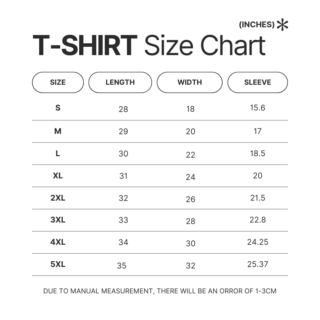 3D T shirt Size Chart - Metallica Band Merch